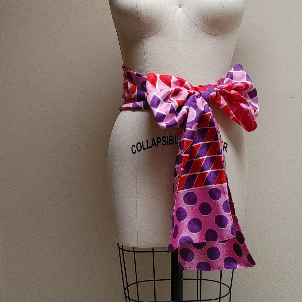 Vintage Sash Scarf Wrap in Circle Diamond Square Print Pink Purple Orange White - Picture 9 of 16